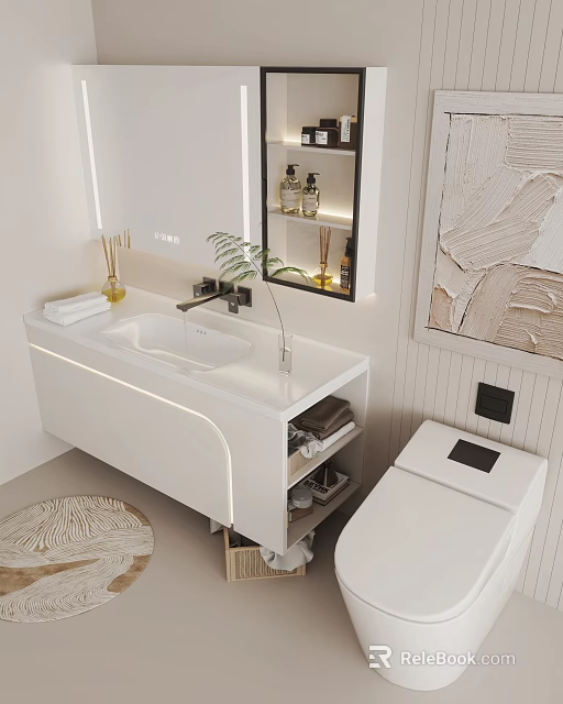 Modern Bathroom Vanity With White Countertop LED Lighting Mirror Open Shelves And Green Plant 3d model 