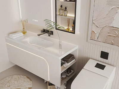 Modern Bathroom Vanity With White Countertop LED Lighting Mirror Open Shelves And Green Plant 3d model