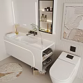 Modern Bathroom Vanity With White Countertop LED Lighting Mirror Open Shelves And Green Plant