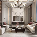 Elegant Dining Living Room Interior With Chandelier Sofa Coffee Table And Decorative Wall
