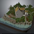Seaside Cottage With White Walls Yellow Roof Green Trees Rocky Shore And Blue Water