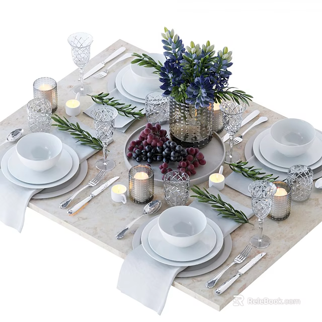 Complete Tableware Set With Bowls Plates Cutlery Wine Glasses Candles And Floral Decor 3d model 