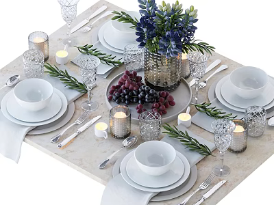 Complete Tableware Set With Bowls Plates Cutlery Wine Glasses Candles And Floral Decor 3d model