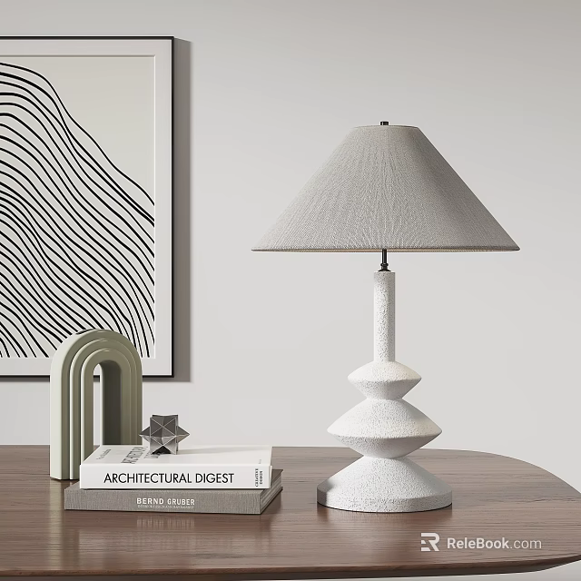 Modern White Table Lamp With Layered Base Light Gray Textured Shade And Decorative Book 3d model 