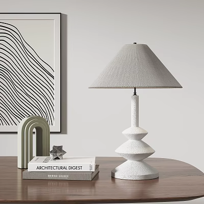 Modern White Table Lamp With Layered Base Light Gray Textured Shade And Decorative Book 3d model