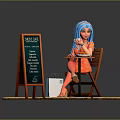 Game Movie Character With Blue Hair Sitting On Chair By Menu Chalkboard And Pebble Stones