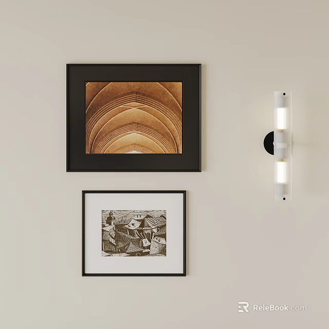 Photo Wall Featuring Two Framed Prints Arched Structure Artwork And Side Wall Light Fixture 3d model 