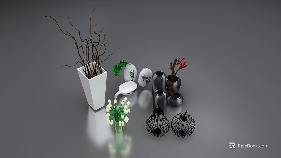 Assorted Indoor Ornamental Plants With Stylish White And Black Vases And Branch Arrangements 3d model 