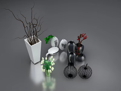 Assorted Indoor Ornamental Plants With Stylish White And Black Vases And Branch Arrangements 3d model