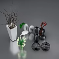 Assorted Indoor Ornamental Plants With Stylish White And Black Vases And Branch Arrangements