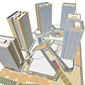 Modern Commercial Plaza With High Rise Buildings LED Screen Fountain Shops And Pedestrians