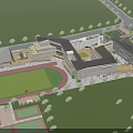 Modern Connected School Buildings With Sports Field Green Areas And Central Plaza