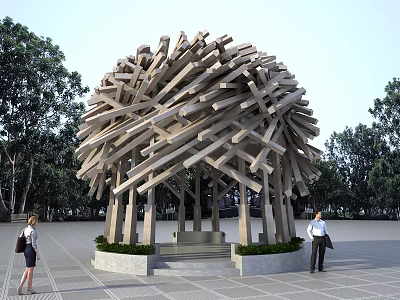 Woven Wooden Sticks Public Art Sculpture In Square With Surrounding Trees 3d model