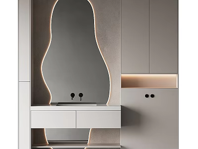 Modern Bathroom Cabinet With Curved Illuminated Mirror And Light Gray Cabinets 3d model