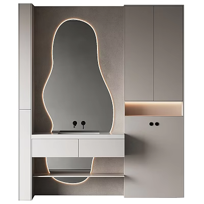 Modern Bathroom Cabinet With Curved Illuminated Mirror And Light Gray Cabinets 3d model