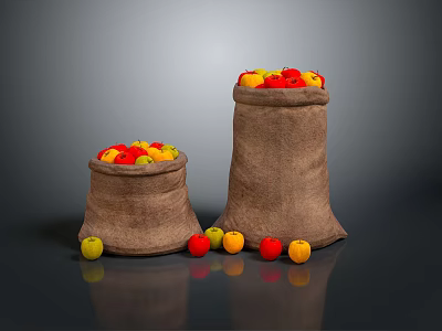 Burlap Sacks Filled With Fresh Red And Yellow Fruits Scattered Beside 3d model