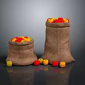 Burlap Sacks Filled With Fresh Red And Yellow Fruits Scattered Beside
