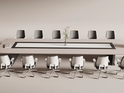 Modern Conference Table with White and Gray Office Chairs and Central Vase with Green Plant 3d model