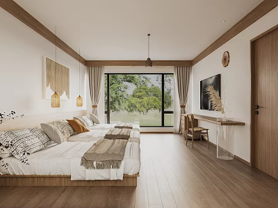 Modern Hotel Guest Room With Comfortable Bed Wooden Floor Large Window Green View Decorative Paintings Pendant Lights 3d model