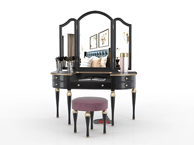 Black and Gold Dressing Table with Triple Mirror Purple Stool and Cosmetics 3d model