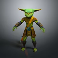 3D Fantasy Creature Character With Green Skin Pointed Ears Brown Outfit Arm And Leg Wraps
