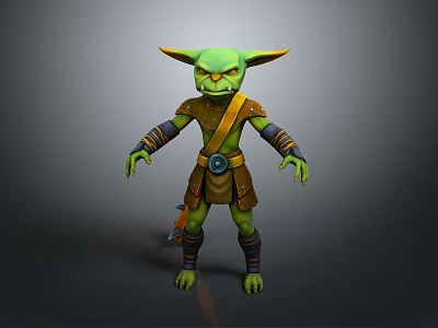 3D Fantasy Creature Character With Green Skin Pointed Ears Brown Outfit Arm And Leg Wraps 3d model