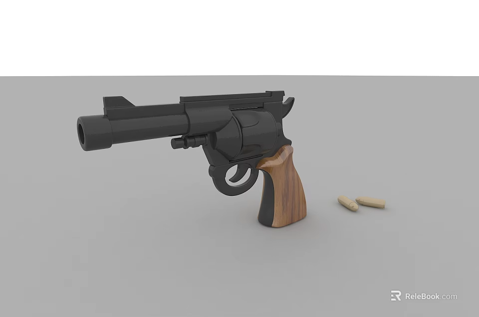Classic Black Revolver With Wooden Grip And Bullets On Gray Surface 3d model 