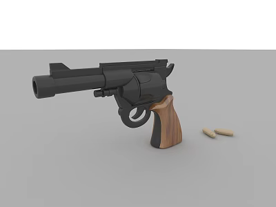Classic Black Revolver With Wooden Grip And Bullets On Gray Surface 3d model