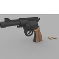 Classic Black Revolver With Wooden Grip And Bullets On Gray Surface