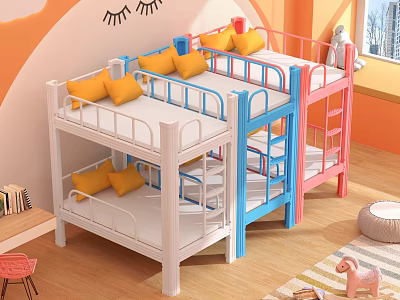 Colorful White Blue Pink Bunk Beds With Yellow Pillows Staircase In Kids Bedroom 3d model