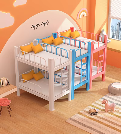 Colorful White Blue Pink Bunk Beds With Yellow Pillows Staircase In Kids Bedroom 3d model