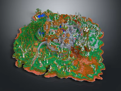 Cartoon Scenic Island with Green Forest Red Mountain Castle and Blue Lake 3d model