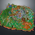 Cartoon Scenic Island with Green Forest Red Mountain Castle and Blue Lake