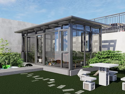 Courtyard Garden With Glass Sunroom Lush Greenery Lawn Stone Path And Outdoor Furniture 3d model