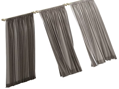 Gray Velvet Curtains Hanging on Gold Rod with Pleated Design and Flowing Fabric 3d model