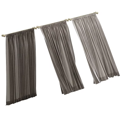 Gray Velvet Curtains Hanging on Gold Rod with Pleated Design and Flowing Fabric 3d model