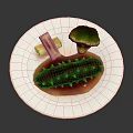 Tasty Sea Cucumber Dish with Broccoli Yam and Savory Sauce on White Plate