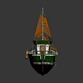 Green And White Fishing Boat With Orange Net Cabin And Ladder Exterior