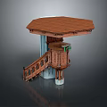 Traditional Wooden Architectural Structure With Octagonal Roof Staircase And Supporting Column