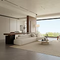 Modern Living And Dining Room With Beige Sofa Coffee Table Wooden Accent Wall And Rug