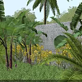Building Exterior Brick Wall Surrounded by Lush Green Plants Palm Trees and Yellow Flowers