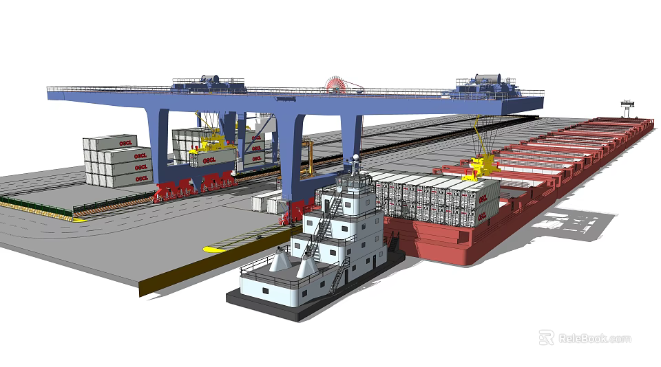 Container Port Logistics Scene With Gantry Cranes Cargo Ship And Stacked Containers 3d model 