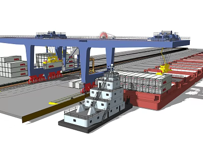 Container Port Logistics Scene With Gantry Cranes Cargo Ship And Stacked Containers 3d model