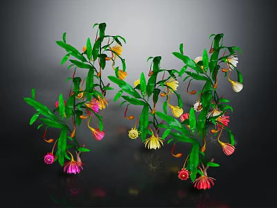 Decorative Plants With Green Leaves And Colorful Flowers Yellow Pink White Blooms On Curved Branches 3d model