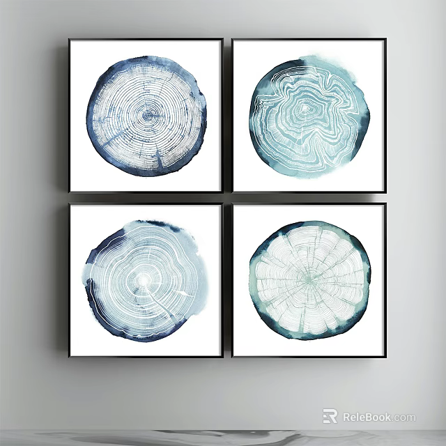 Four Tree Ring Artworks in Blue White Tones with Black Frames Hanging on Wall 3d model