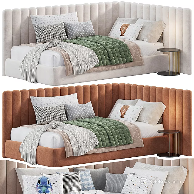 Orange and Light Kids Bed with Tufted Headboard Green Blanket Gray Pillows Small Nightstand 3d model 