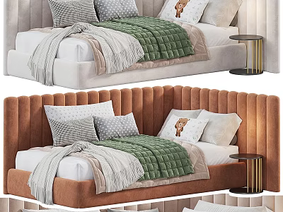 Orange and Light Kids Bed with Tufted Headboard Green Blanket Gray Pillows Small Nightstand 3d model
