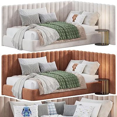 Orange and Light Kids Bed with Tufted Headboard Green Blanket Gray Pillows Small Nightstand 3d model