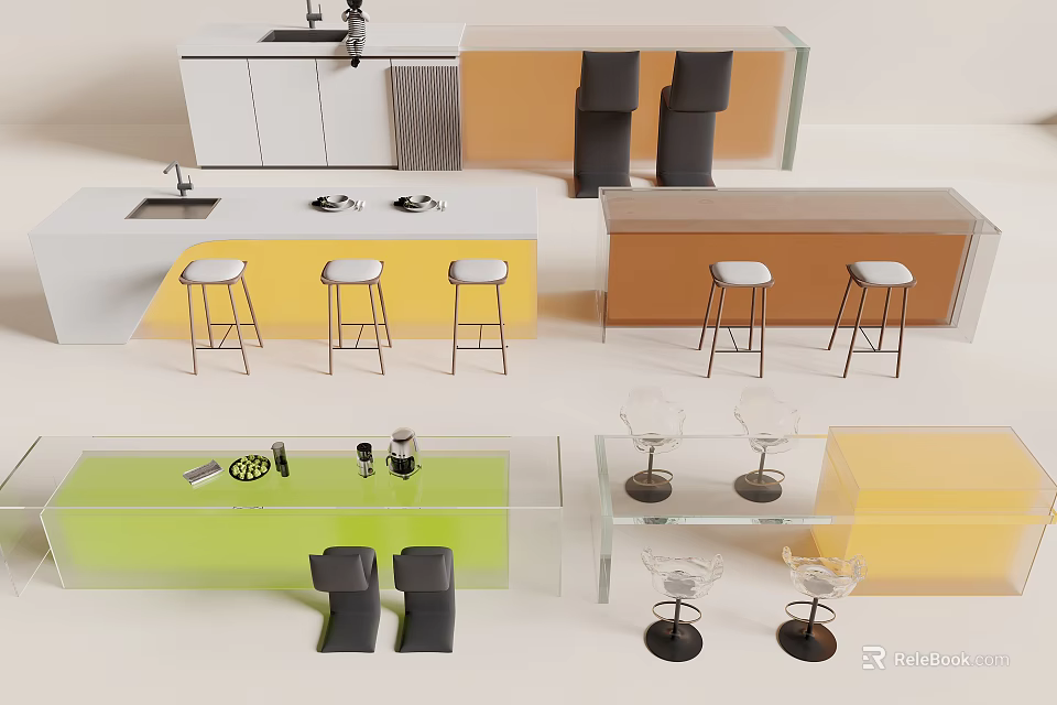 Colorful Modern Bar Counter Design With Stools Glassware And Minimalist Decor 3d model 