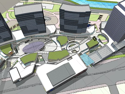 Modern Urban Complex Design With Tall Buildings Green Spaces And Plaza 3d model